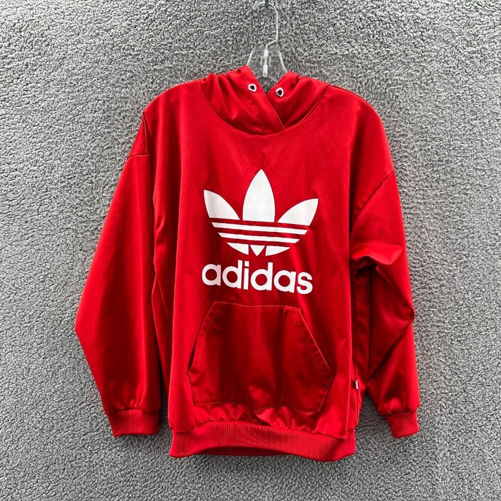 Adidas Hoodie Mens Small Red Satin Shiny Long Sleeve Pullover Streetwear Trefoil - Picture 1 of 11